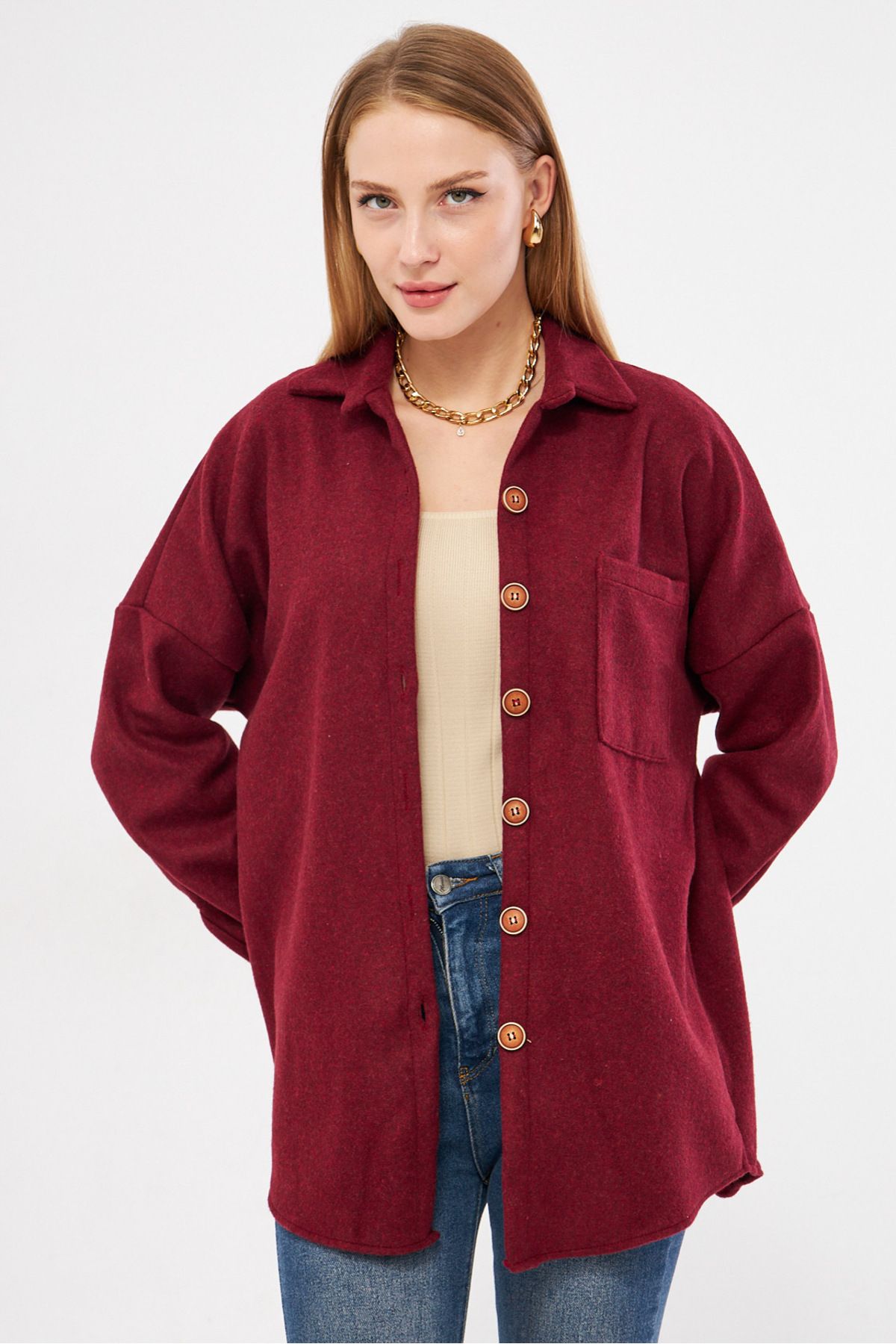 Kadın Bordo Oversize Kaşe Cepli Gömlek Arm-22y001156