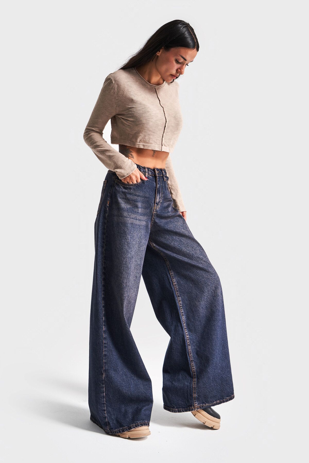 Kadın T.Kot Rengi Palazzo Fit Beli Lastikli Denim Kadın T.Kot Rengi Palazzo Fit Beli Lastikli Denim
