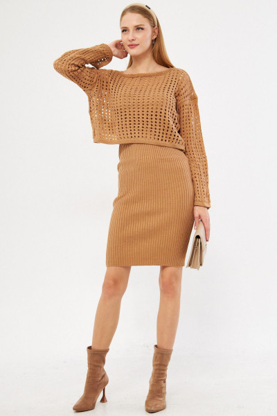 Kadın Vizon Vücuda Oturan Triko Ikili Takım Elbise Arm-25k069004 Kadın Vizon Vücuda Oturan Triko Ikili Takım Elbise Arm-25k069004