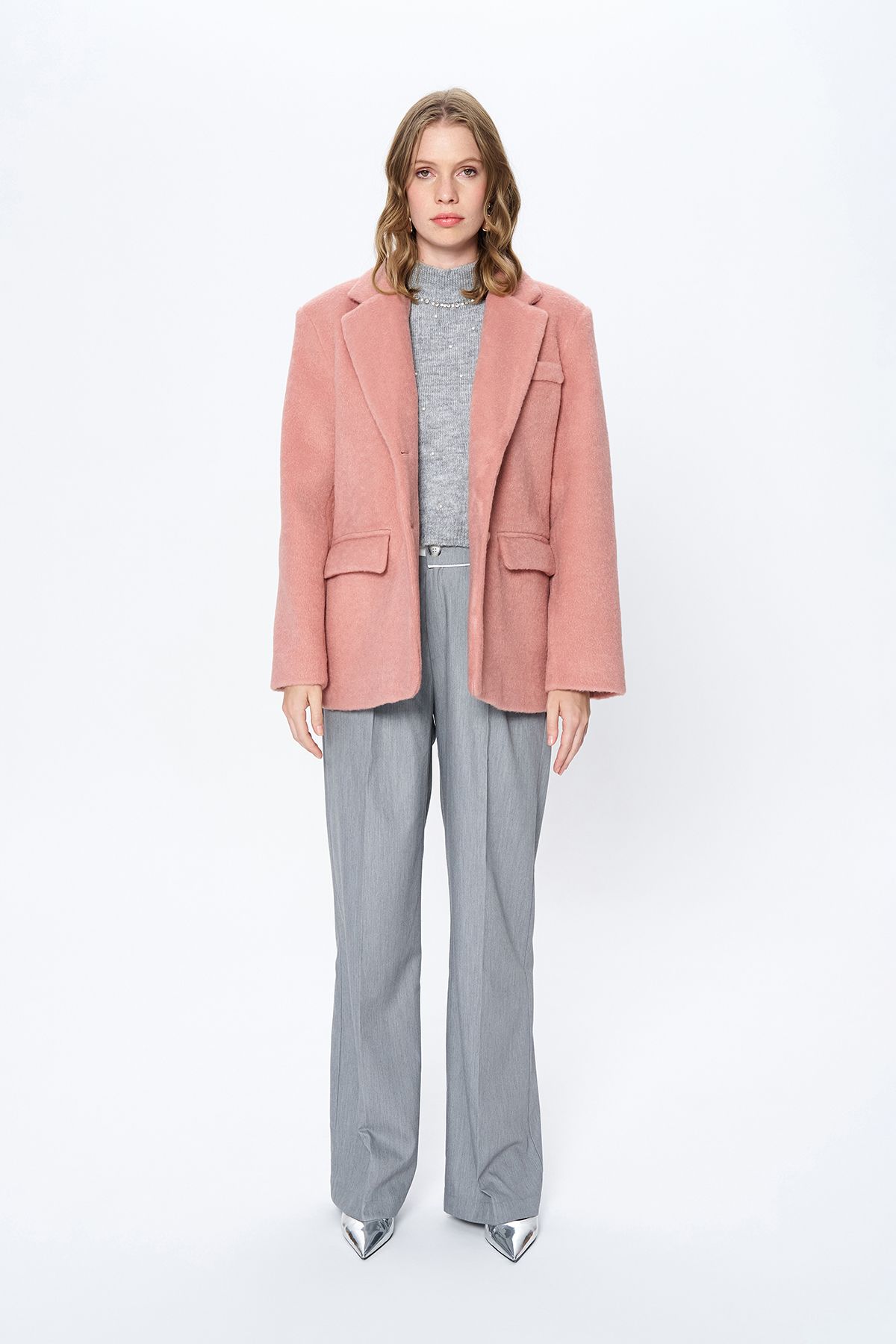 Kruvaze Yaka Kaşe Blazer Ceket Pembe Kruvaze Yaka Kaşe Blazer Ceket Pembe