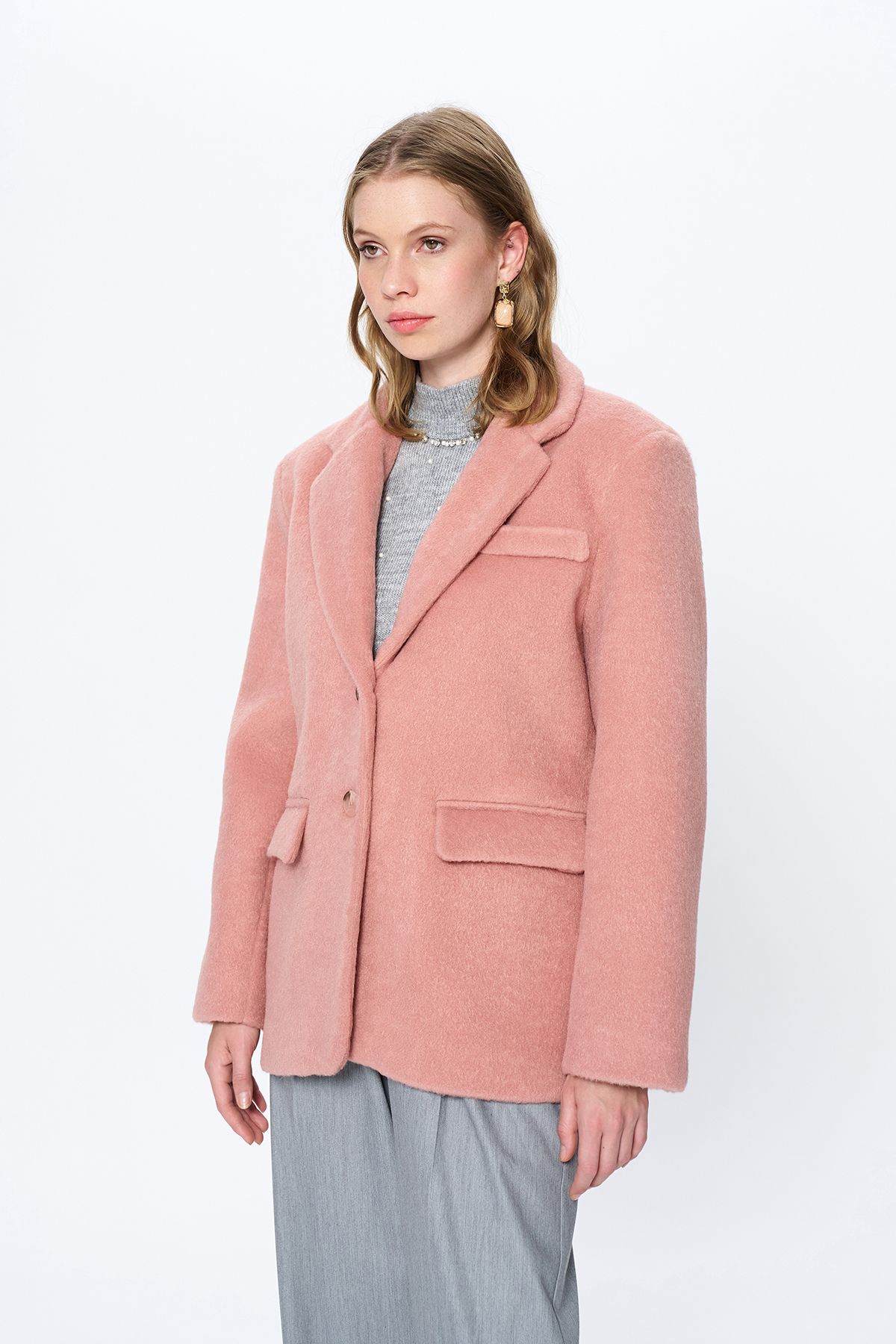 Kruvaze Yaka Kaşe Blazer Ceket Pembe Kruvaze Yaka Kaşe Blazer Ceket Pembe