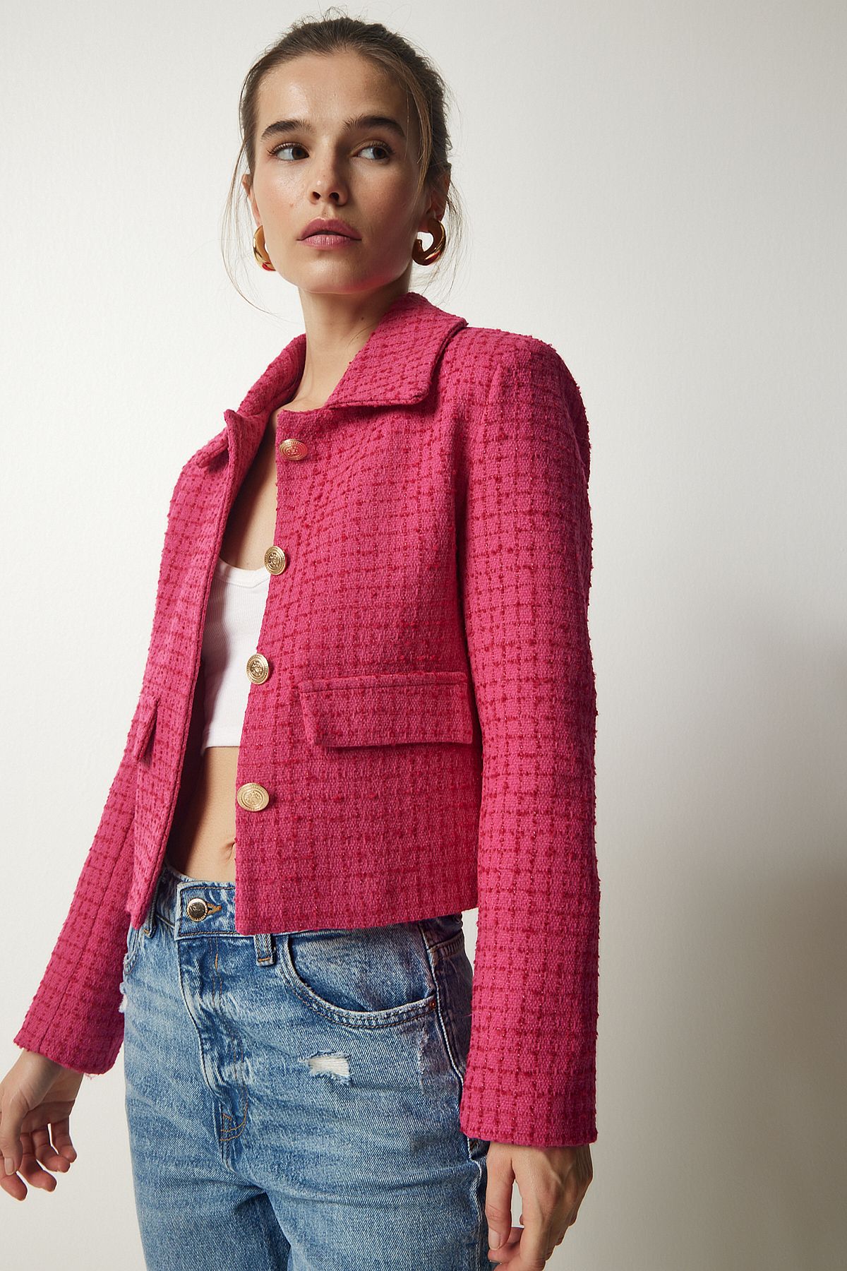 Tüvit Crop Blazer Ceket PEMBE LTO0002 Tüvit Crop Blazer Ceket PEMBE LTO0002