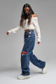 Kadın T.Kot Rengi Etnik Gül Desenli Loose Fit Tasarım Denim Kadın T.Kot Rengi Etnik Gül Desenli Loose Fit Tasarım Denim