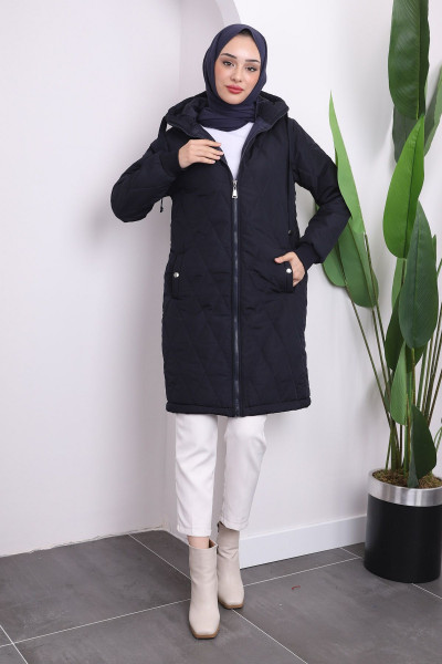 Lacivert Kapşonlu Cepli Kapitone Şişme Mont Lacivert Kapşonlu Cepli Kapitone Şişme Mont