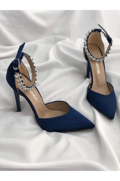 Lacivert Saten Topuklu Taşlı Stiletto Abiye Ayakkabı