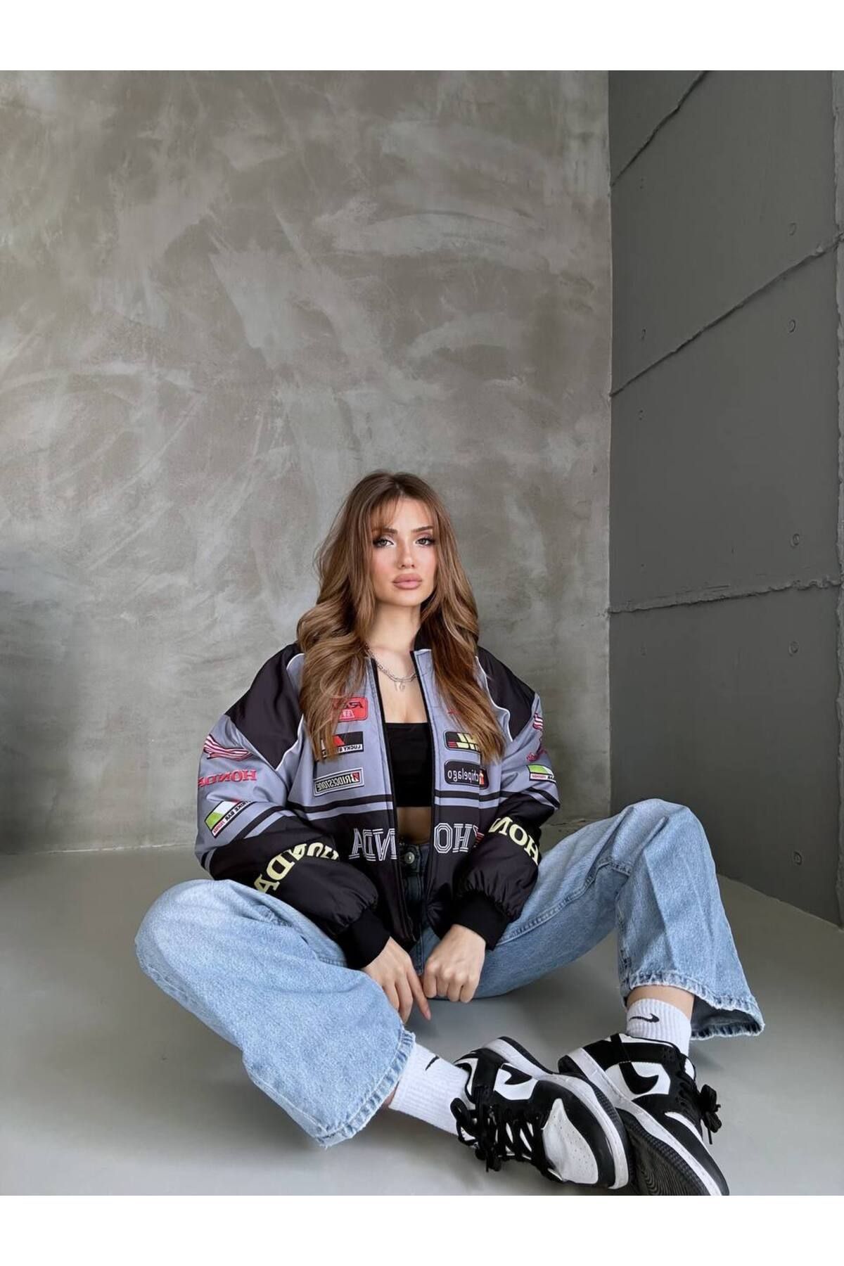 Unisex Oversize Honda Baskılı Yarışcı Bomber Ceket Unisex Oversize Honda Baskılı Yarışcı Bomber Ceket