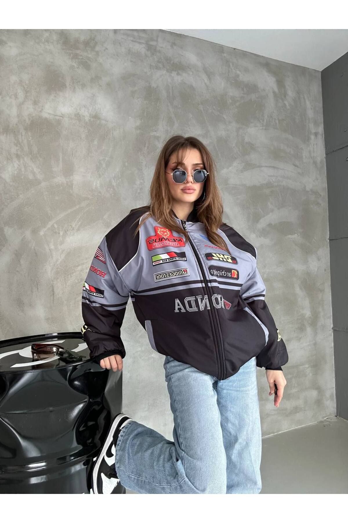 Unisex Oversize Honda Baskılı Yarışcı Bomber Ceket