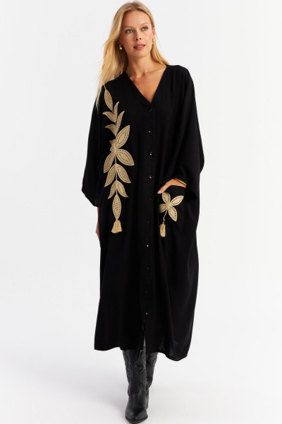 Kadın Siyah Nakışlı Cepli Maxi Elbise MALO13 Kadın Siyah Nakışlı Cepli Maxi Elbise MALO13