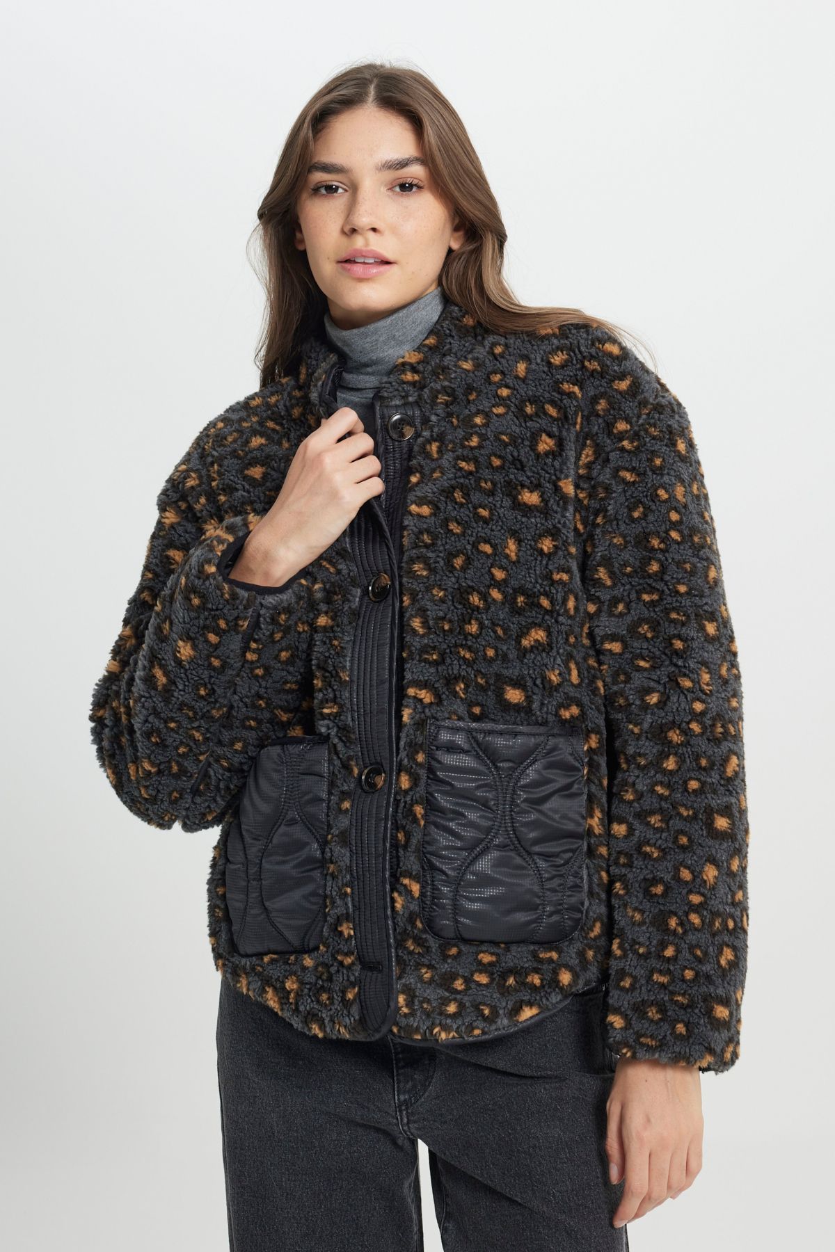 Loose Fit Rahat Kesim Kadın Çift Taraflı Antrasit Cosy Utility Bomber Ceket Loose Fit Rahat Kesim Kadın Çift Taraflı Antrasit Cosy Utility Bomber Ceket