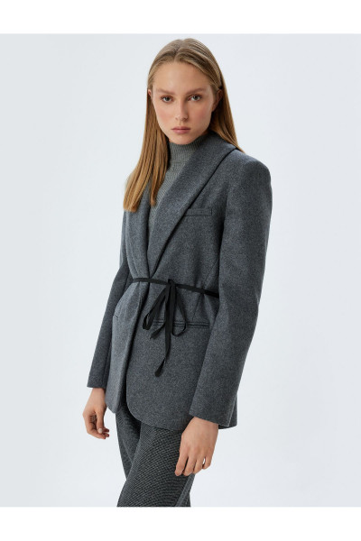 Yün Karışımlı Kaşe Blazer Ceket Bağlama Detaylı Cepli Yün Karışımlı Kaşe Blazer Ceket Bağlama Detaylı Cepli