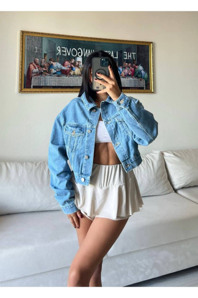 Trend LAZERLİ YIKAMALI Crop Kot Ceket Trend LAZERLİ YIKAMALI Crop Kot Ceket