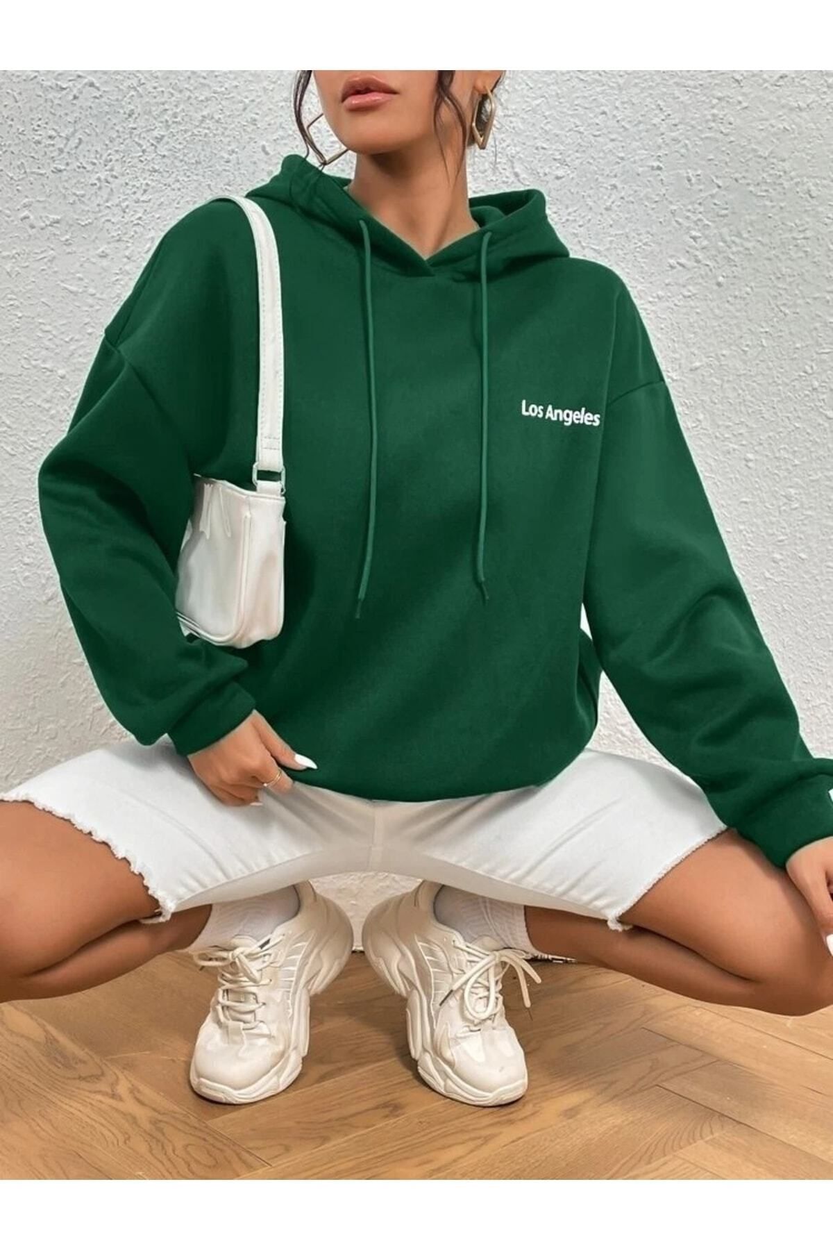 Yeşil Los Angeles Baskı Oversize Kapüşonlu Sweatshirt