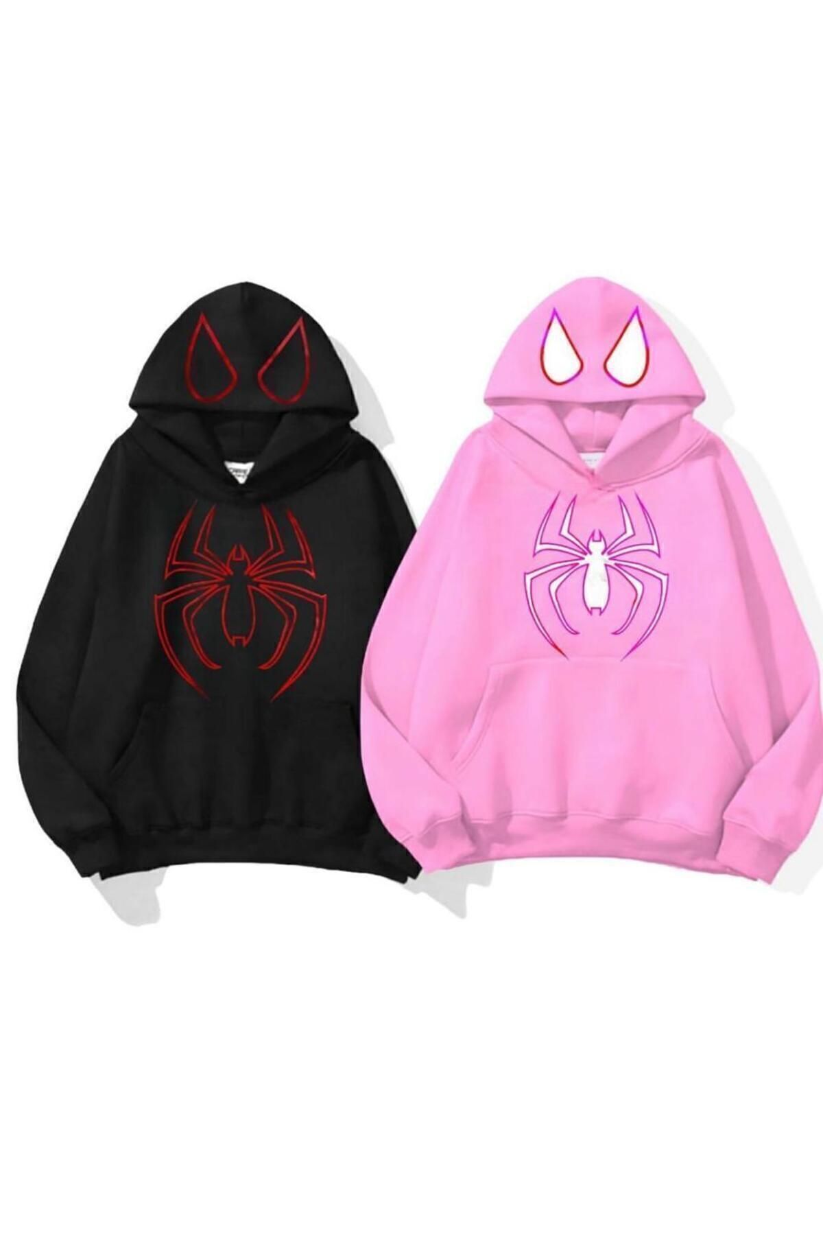 Unisex Örümcek Baskılı 3 Iplik Organik Pamuklu Oversize Sevgili Çift Kombini Kapüşonlu Hoodie