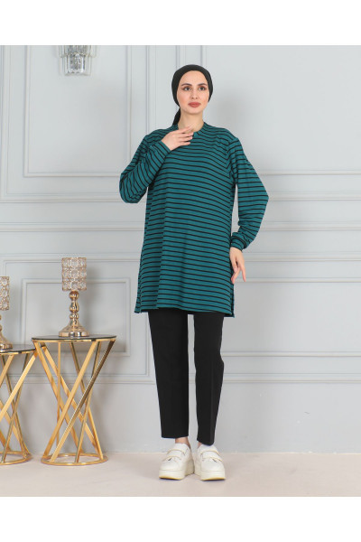 KADIN YANINA ÇİZGİLİ YUVARLAK BİSİKLET YAKA ESNEK LİKRALI TESETTÜR SWEAT TUNİK KADIN YANINA ÇİZGİLİ YUVARLAK BİSİKLET YAKA ESNEK LİKRALI TESETTÜR SWEAT TUNİK