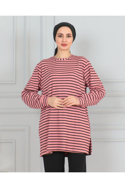 KADIN YANINA ÇİZGİLİ YUVARLAK BİSİKLET YAKA ESNEK LİKRALI TESETTÜR SWEAT TUNİK KADIN YANINA ÇİZGİLİ YUVARLAK BİSİKLET YAKA ESNEK LİKRALI TESETTÜR SWEAT TUNİK