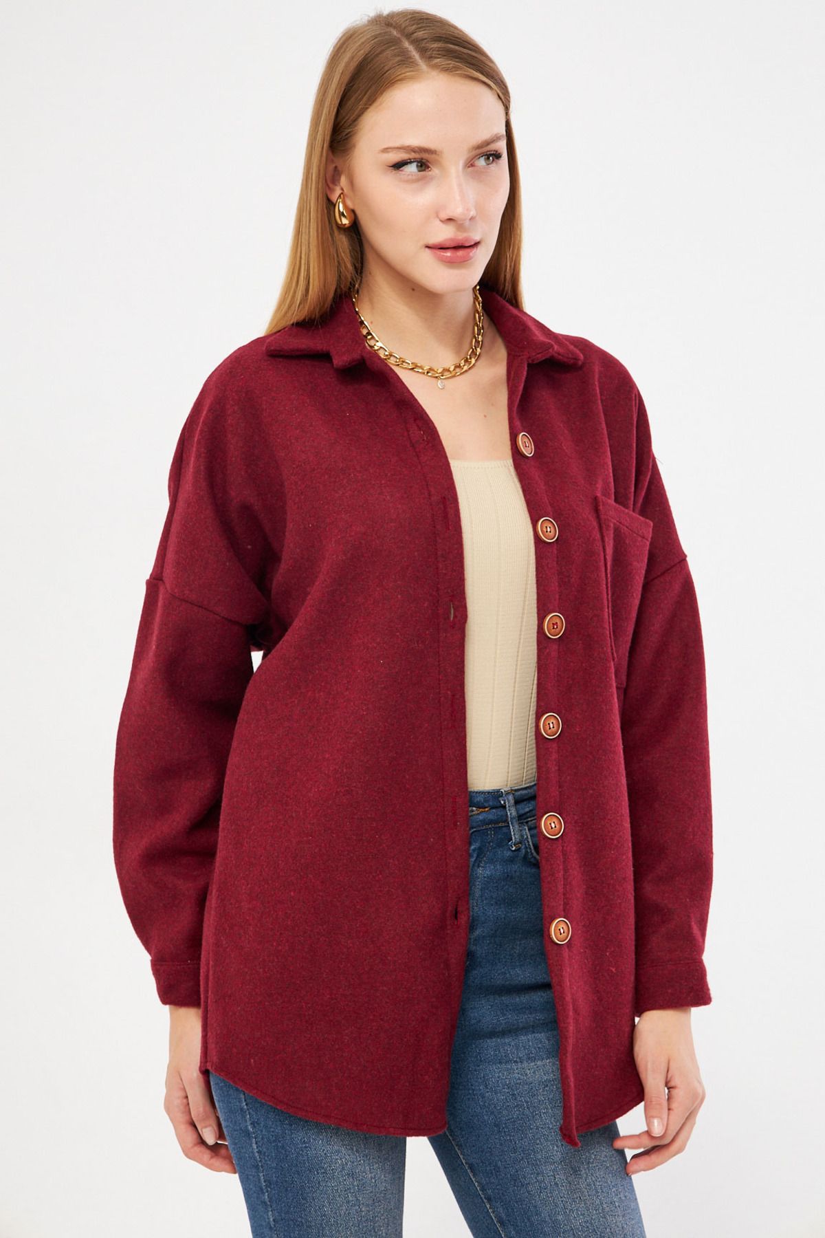 Kadın Bordo Oversize Kaşe Cepli Gömlek Arm-22y001156