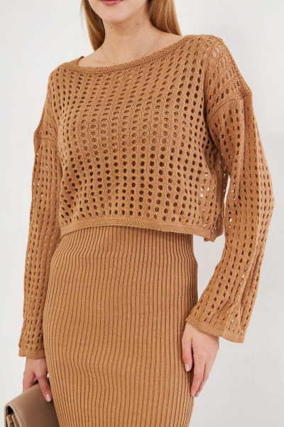 Kadın Vizon Vücuda Oturan Triko Ikili Takım Elbise Arm-25k069004 Kadın Vizon Vücuda Oturan Triko Ikili Takım Elbise Arm-25k069004