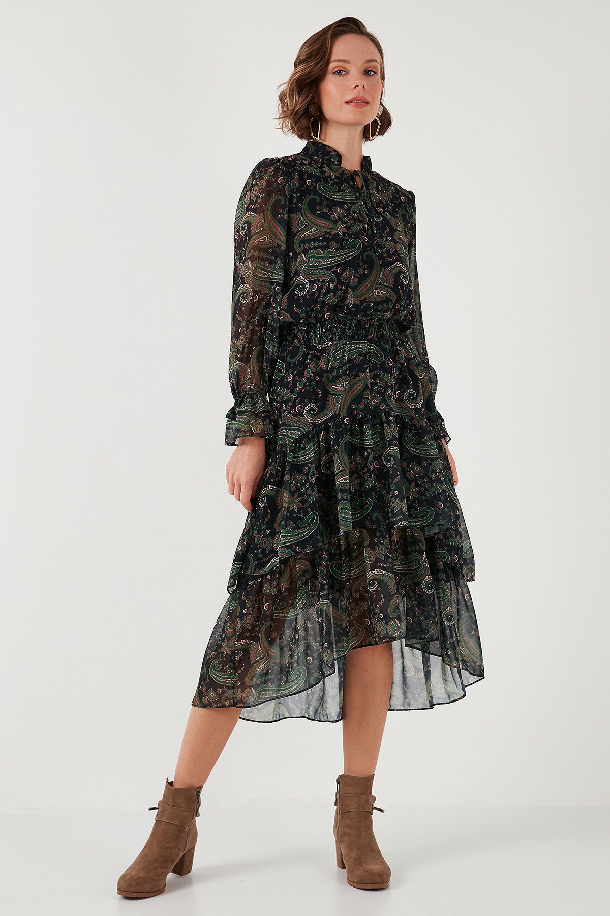 Regular Fit Yaka Detaylı Volanlı Şifon Midi Elbise ELBİSE 611EL1448 Regular Fit Yaka Detaylı Volanlı Şifon Midi Elbise ELBİSE 611EL1448