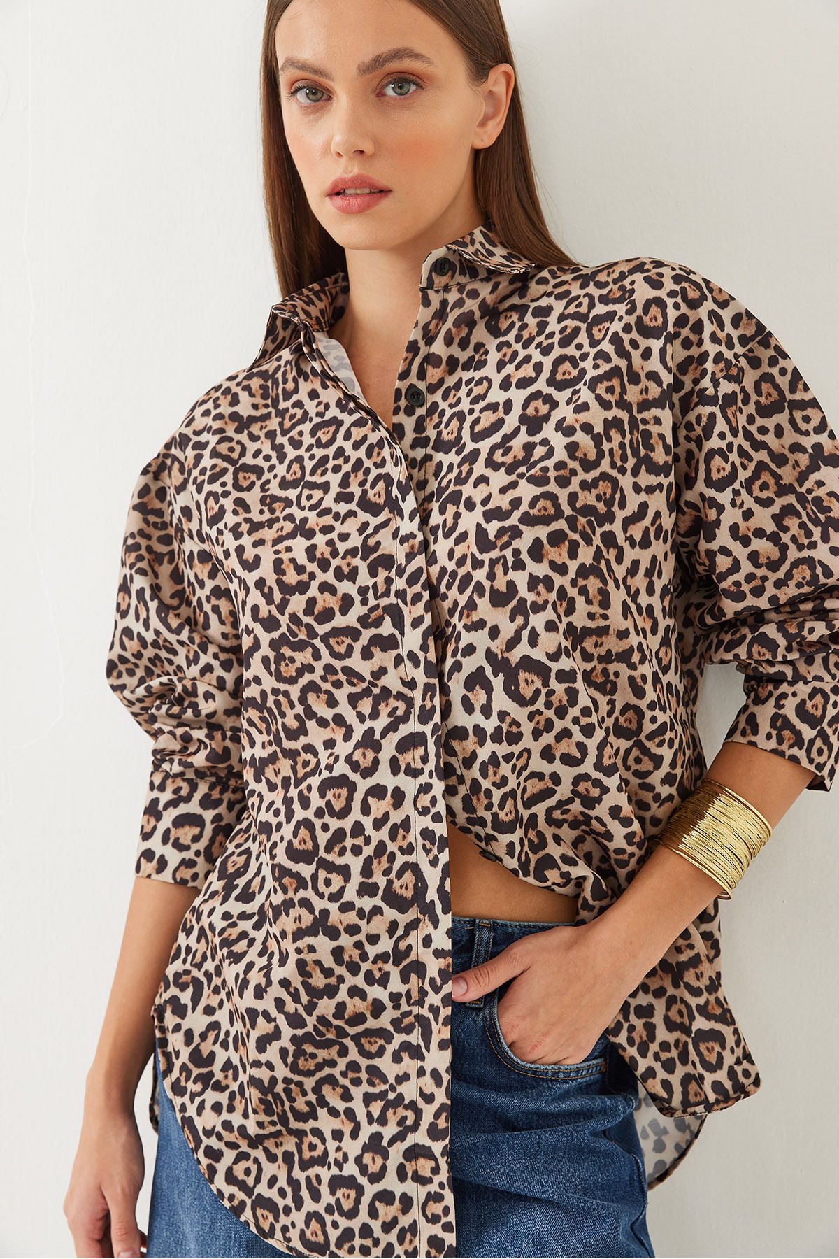 Kadın Leopar Desenli Oversize Basic Gömlek 60351003