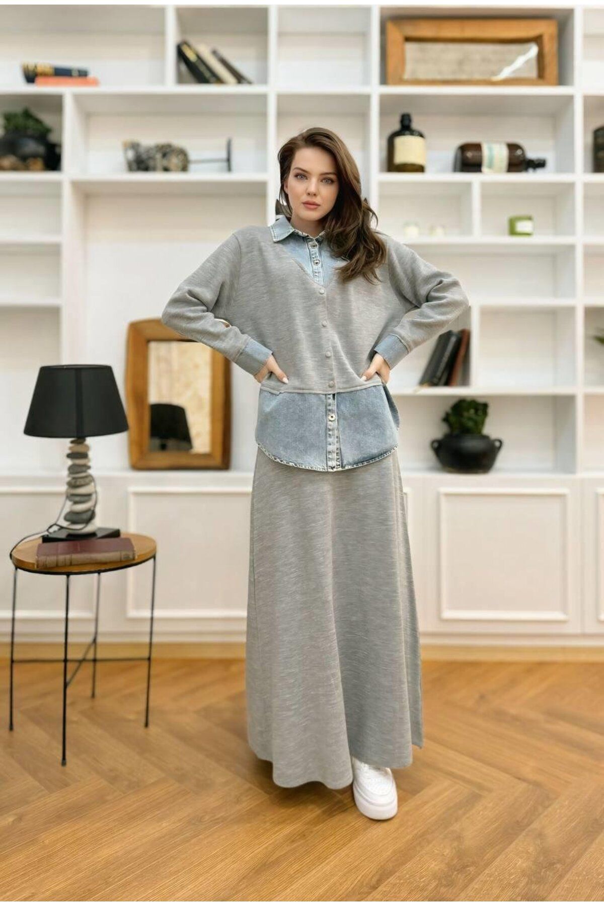 Premium Kalite Denim Kot Detaylı Etekli Triko Takım İkili Tasarım Triko Takım Premium Kalite Denim Kot Detaylı Etekli Triko Takım İkili Tasarım Triko Takım