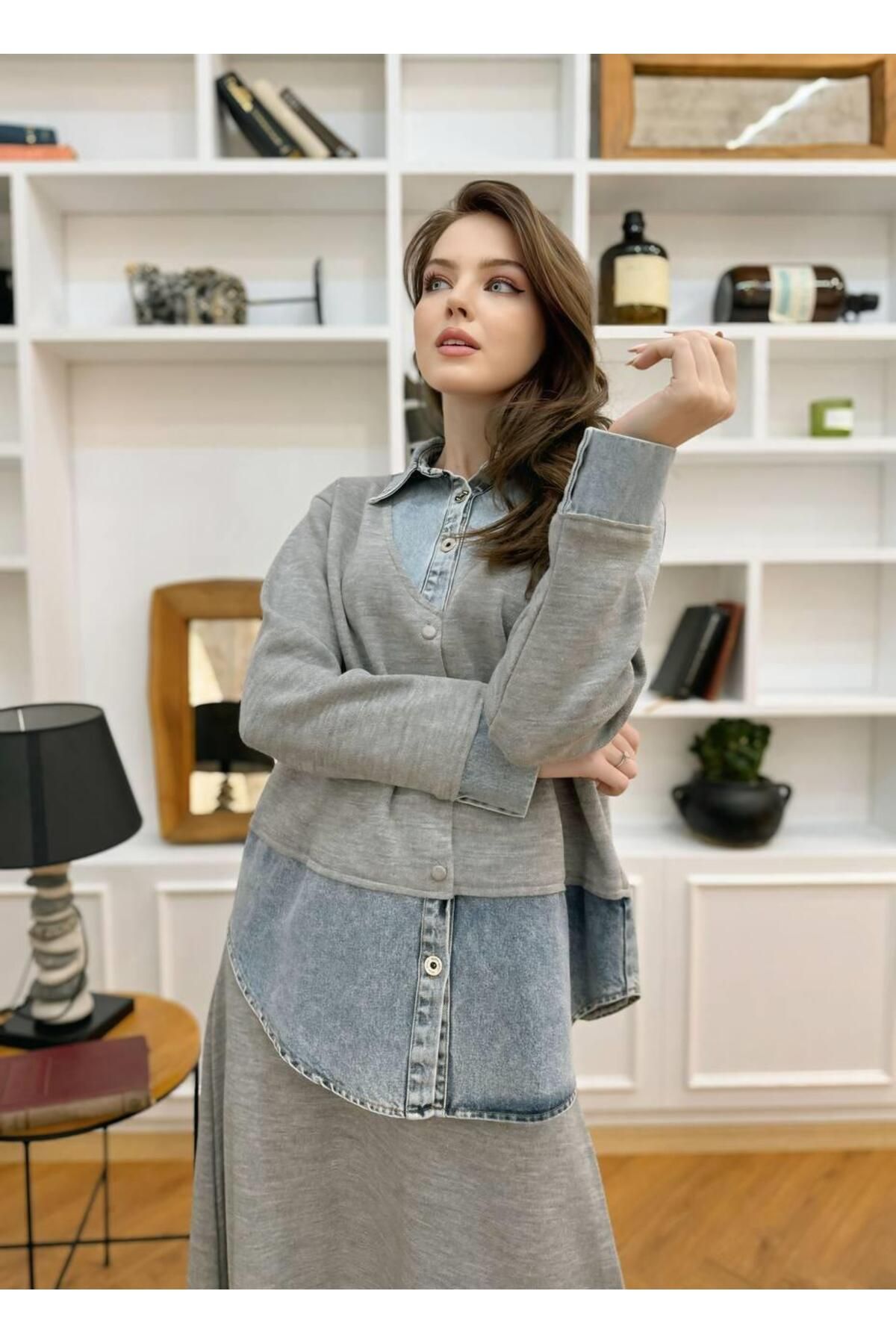 Premium Kalite Denim Kot Detaylı Etekli Triko Takım İkili Tasarım Triko Takım Premium Kalite Denim Kot Detaylı Etekli Triko Takım İkili Tasarım Triko Takım