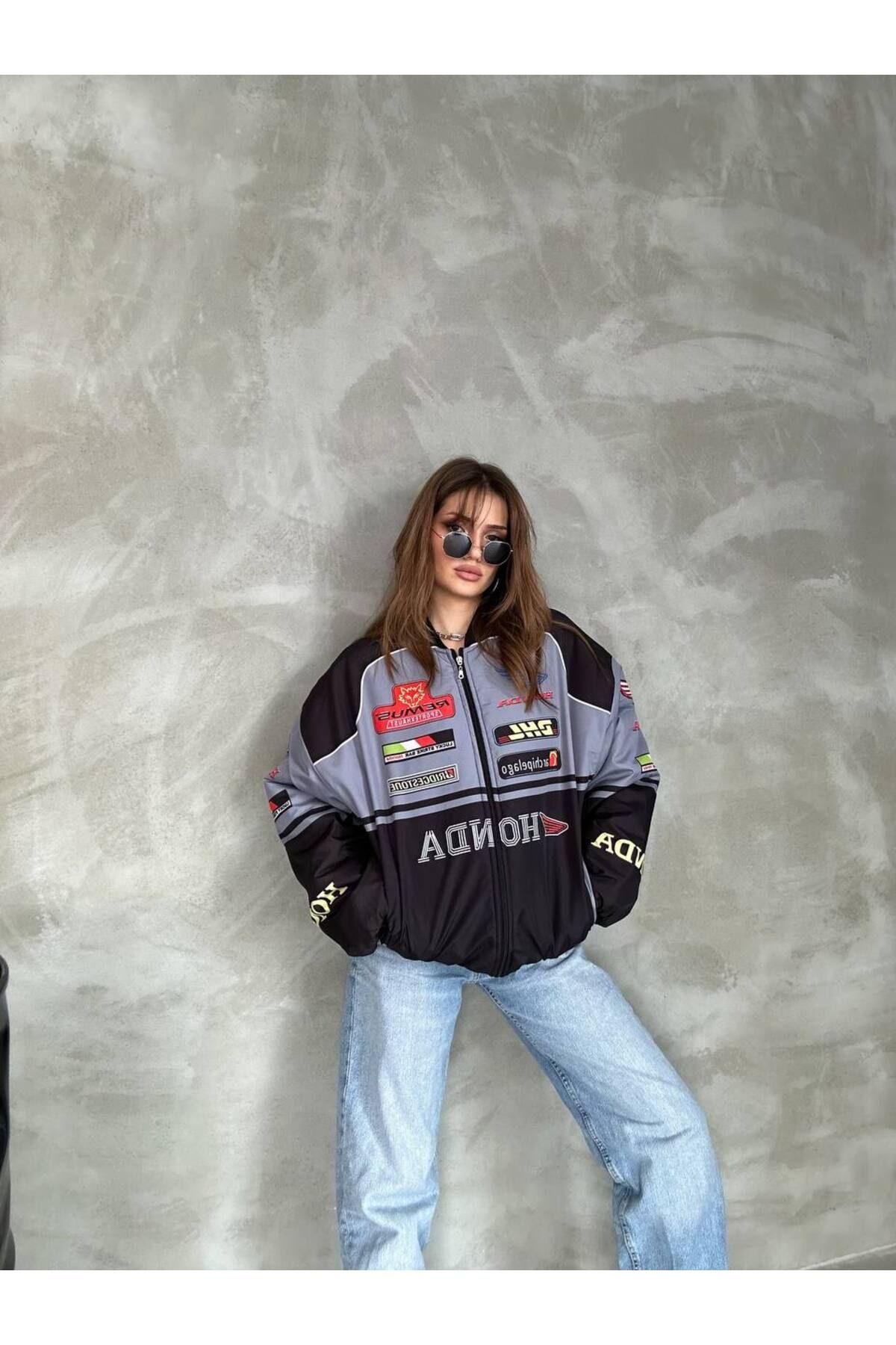 Unisex Oversize Honda Baskılı Yarışcı Bomber Ceket Unisex Oversize Honda Baskılı Yarışcı Bomber Ceket