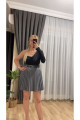Pliseli Kemerli Krep Kumaş Mini Gri Etek Pliseli Kemerli Krep Kumaş Mini Gri Etek
