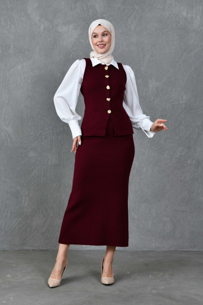 Modest Düğmeli Kolsuz Yelek ve Yüksek Bel Midi Boy Etek Alt Üst Bordo Triko Takım 5155 Modest Düğmeli Kolsuz Yelek ve Yüksek Bel Midi Boy Etek Alt Üst Bordo Triko Takım 5155