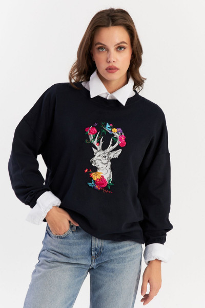 Kadın Siyah-Fuşya Nakışlı Sweatshirt YLE20 Kadın Siyah-Fuşya Nakışlı Sweatshirt YLE20