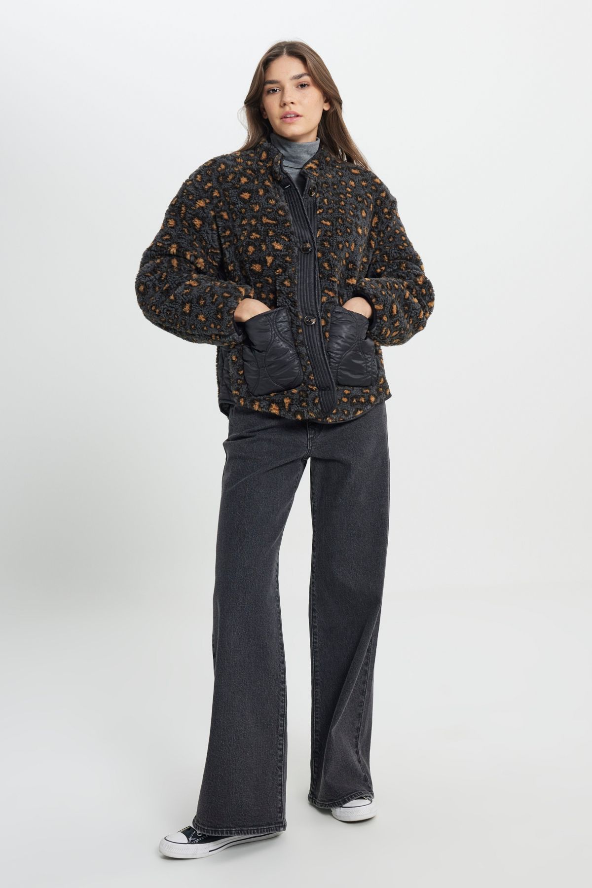 Loose Fit Rahat Kesim Kadın Çift Taraflı Antrasit Cosy Utility Bomber Ceket Loose Fit Rahat Kesim Kadın Çift Taraflı Antrasit Cosy Utility Bomber Ceket