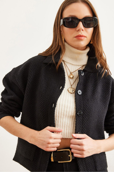 Kadın Siyah Çift Cepli Kaşe Astarsız Ceket CKT-19000391