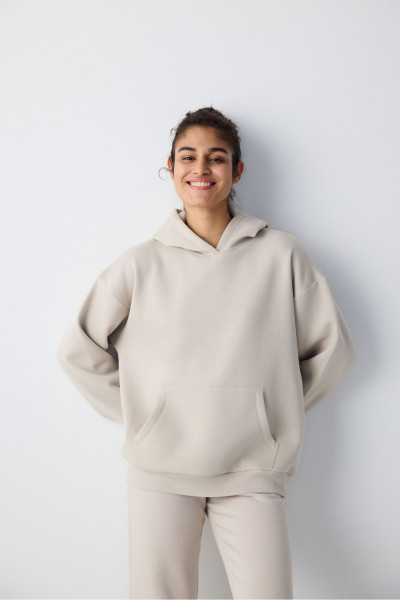 Taş Kapüşonlu Oversize Şardonlu Sweatshirt Taş Kapüşonlu Oversize Şardonlu Sweatshirt