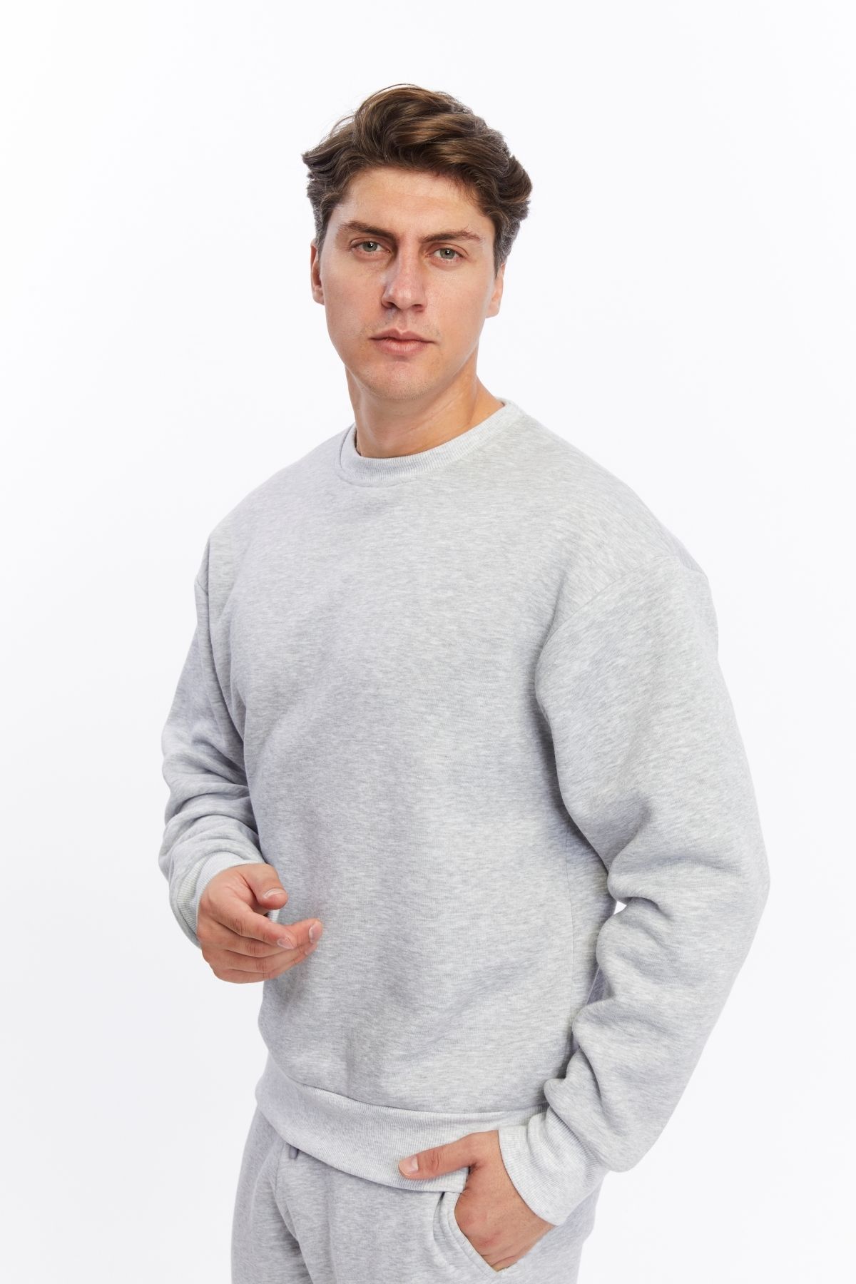 İkili Paket Basic Düz Uzun Kollu Oversize Kışlık Sweatshirt 3 İplik 2'li Paket