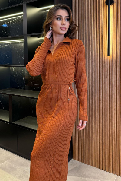 Kiremit Kadın Polo Yaka Bel Bağlamalı Uzun Triko Elbise Kiremit Kadın Polo Yaka Bel Bağlamalı Uzun Triko Elbise