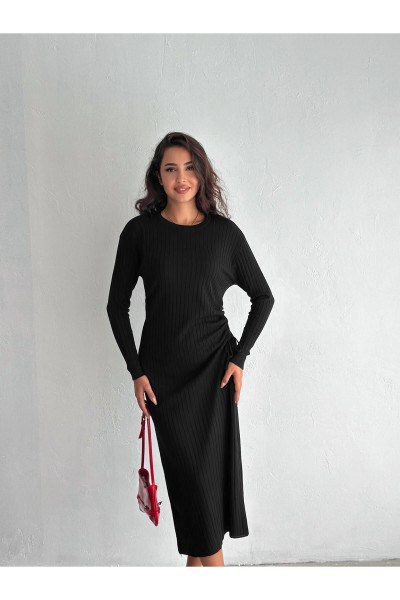 KADIN SİYAH YANDAN BAĞLAMA DETAYLI UZUN TRİKO ELBİSE KADIN SİYAH YANDAN BAĞLAMA DETAYLI UZUN TRİKO ELBİSE