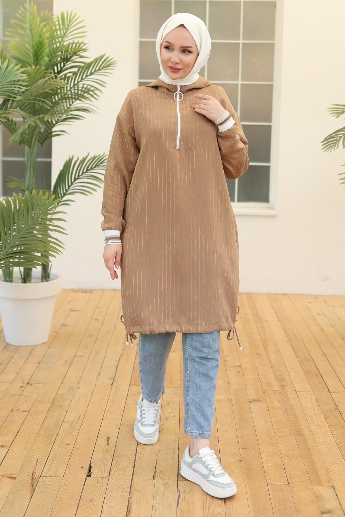 ARMİNE TREND Kolları Ribanalı Kapüşonlu Tunik Camel 24YT468