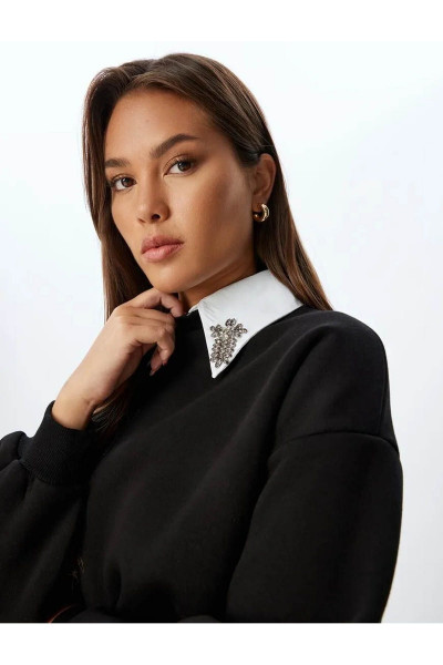 Yaka Sweatshirt Uzun Kollu Üç Iplik Şardonlu Taşlı Gömlek Yaka Sweatshirt Uzun Kollu Üç Iplik Şardonlu Taşlı Gömlek