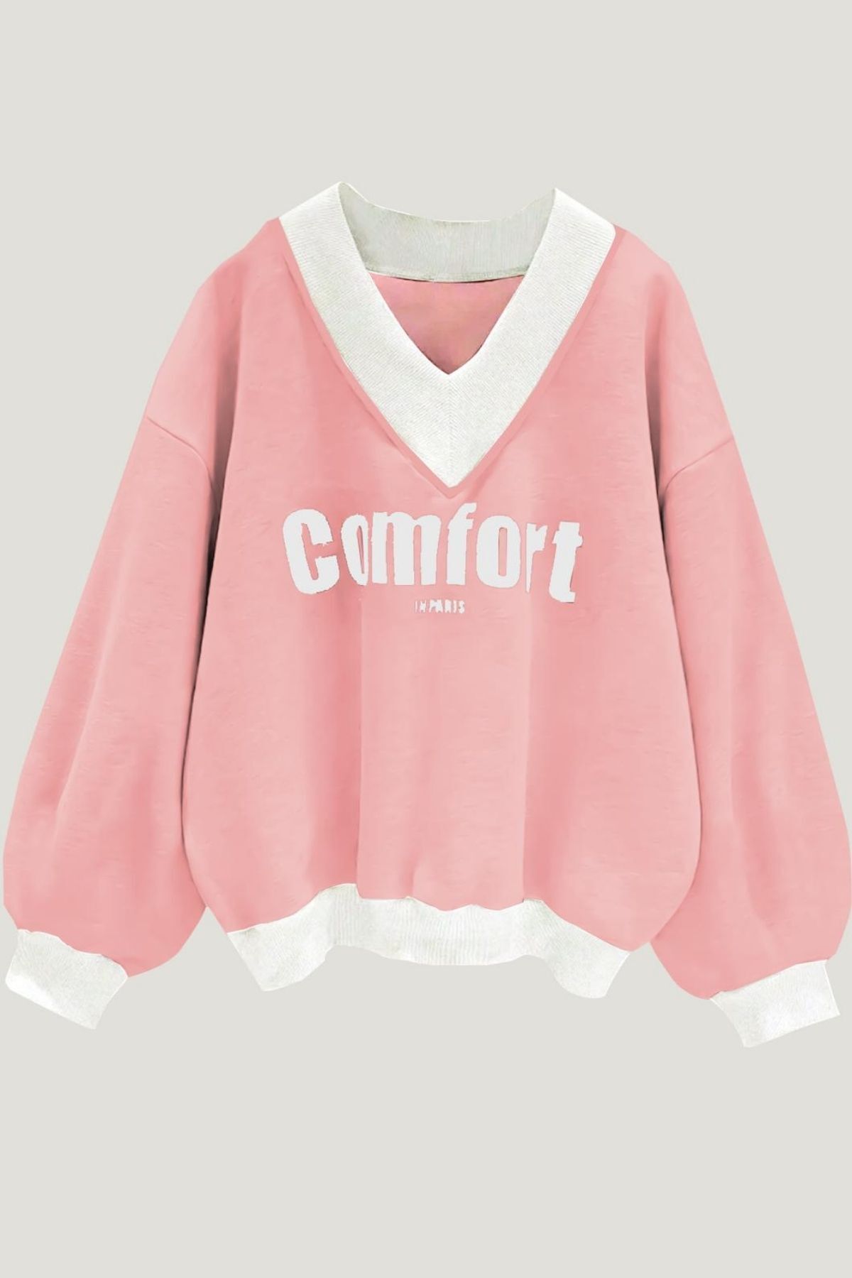 Kadın 3 Iplik Pudra Pembe Comfort In Paris Baskılı V Yaka Oversize Sweatshirt