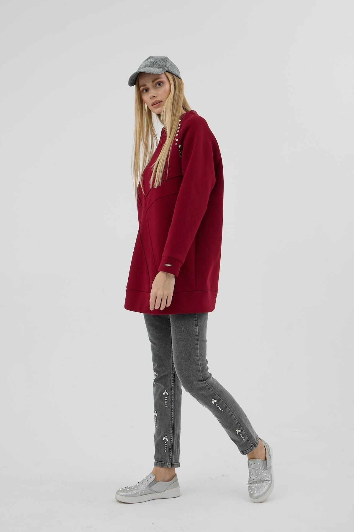 Taş Detaylı Parçalı Sweatshirt - Bordo Taş Detaylı Parçalı Sweatshirt - Bordo