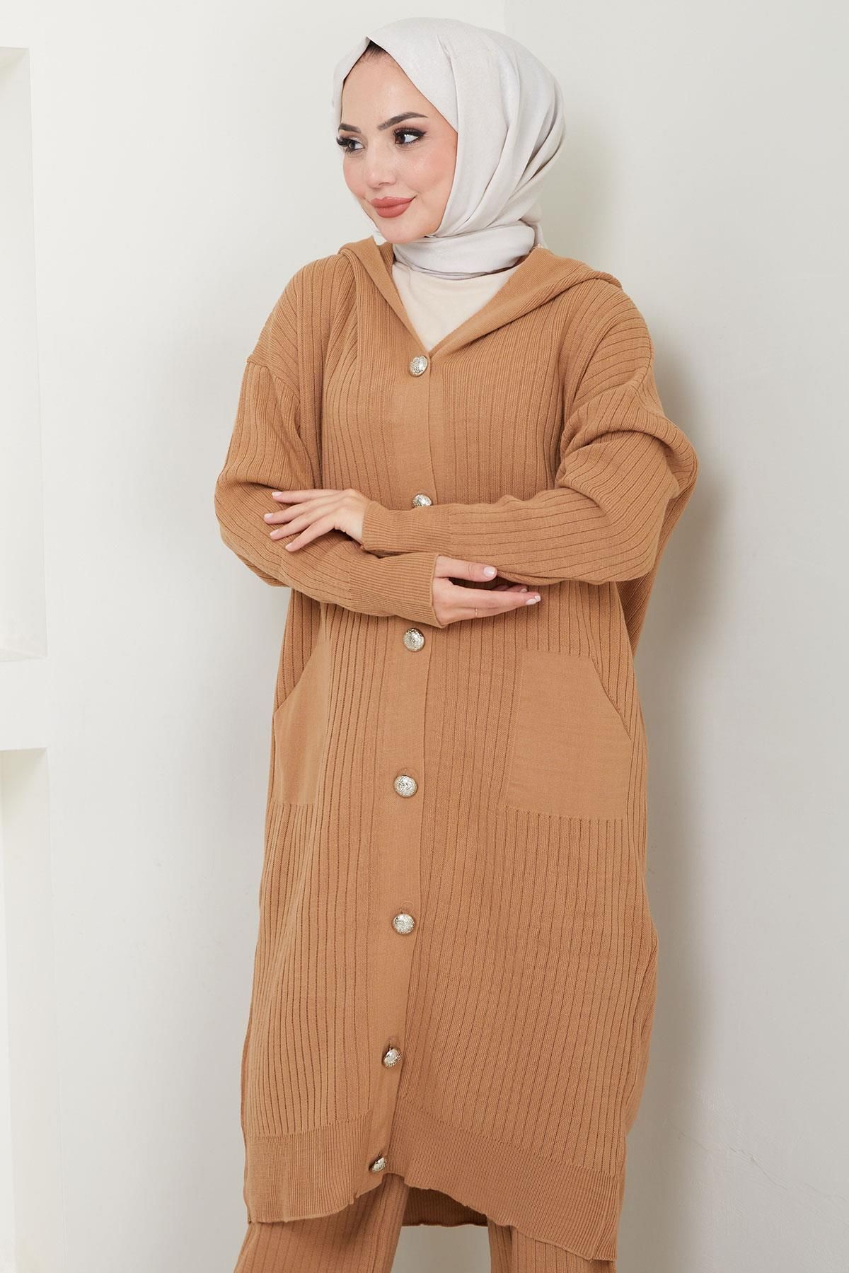 Kapüşonlu Hırka Pantolon Triko İkili Takım Camel HM2572 Kapüşonlu Hırka Pantolon Triko İkili Takım Camel HM2572