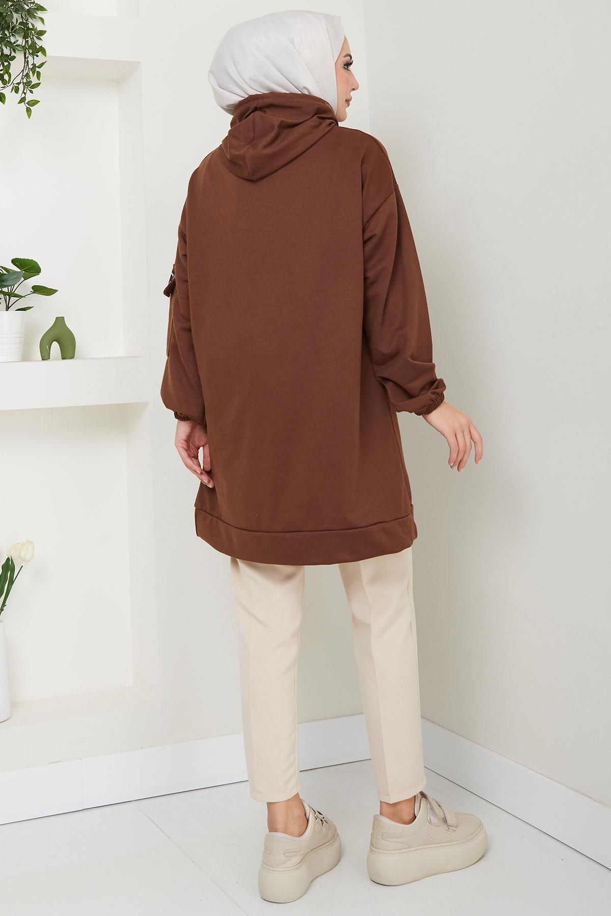 Kapüşonlu Kolu Cep Detaylı Sweatshirt Tunik Kahverengi HM2582