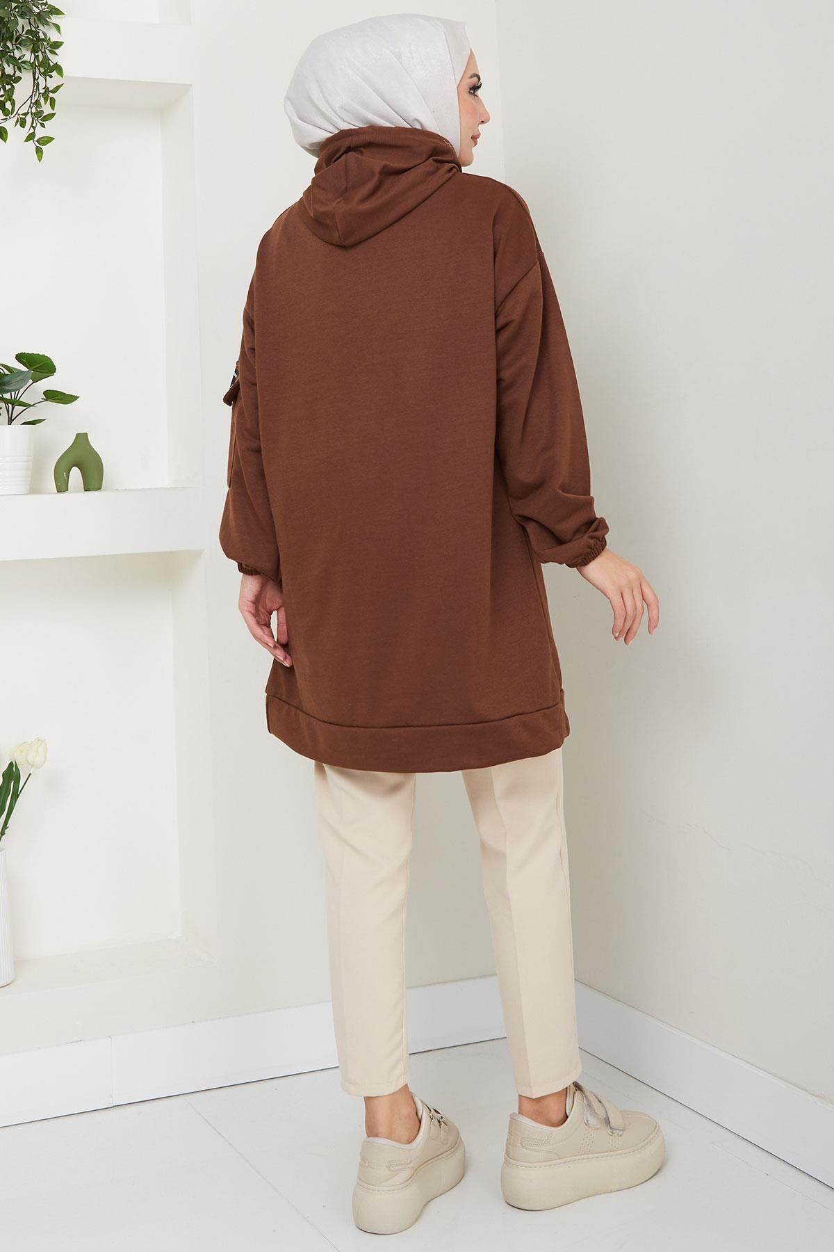 Kapüşonlu Kolu Cep Detaylı Sweatshirt Tunik Kahverengi HM2582 Kapüşonlu Kolu Cep Detaylı Sweatshirt Tunik Kahverengi HM2582