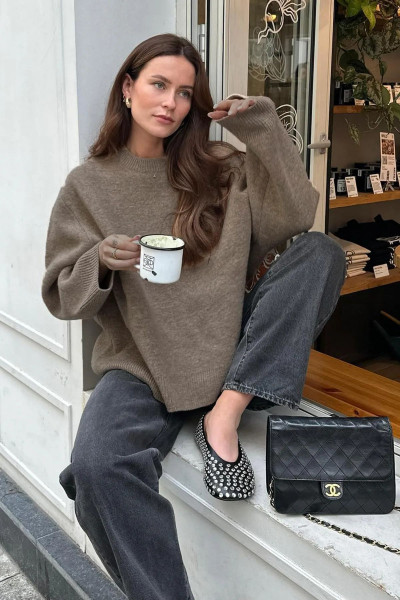 Vizon Bisiklet Yaka Oversize Triko Kazak Vizon Bisiklet Yaka Oversize Triko Kazak