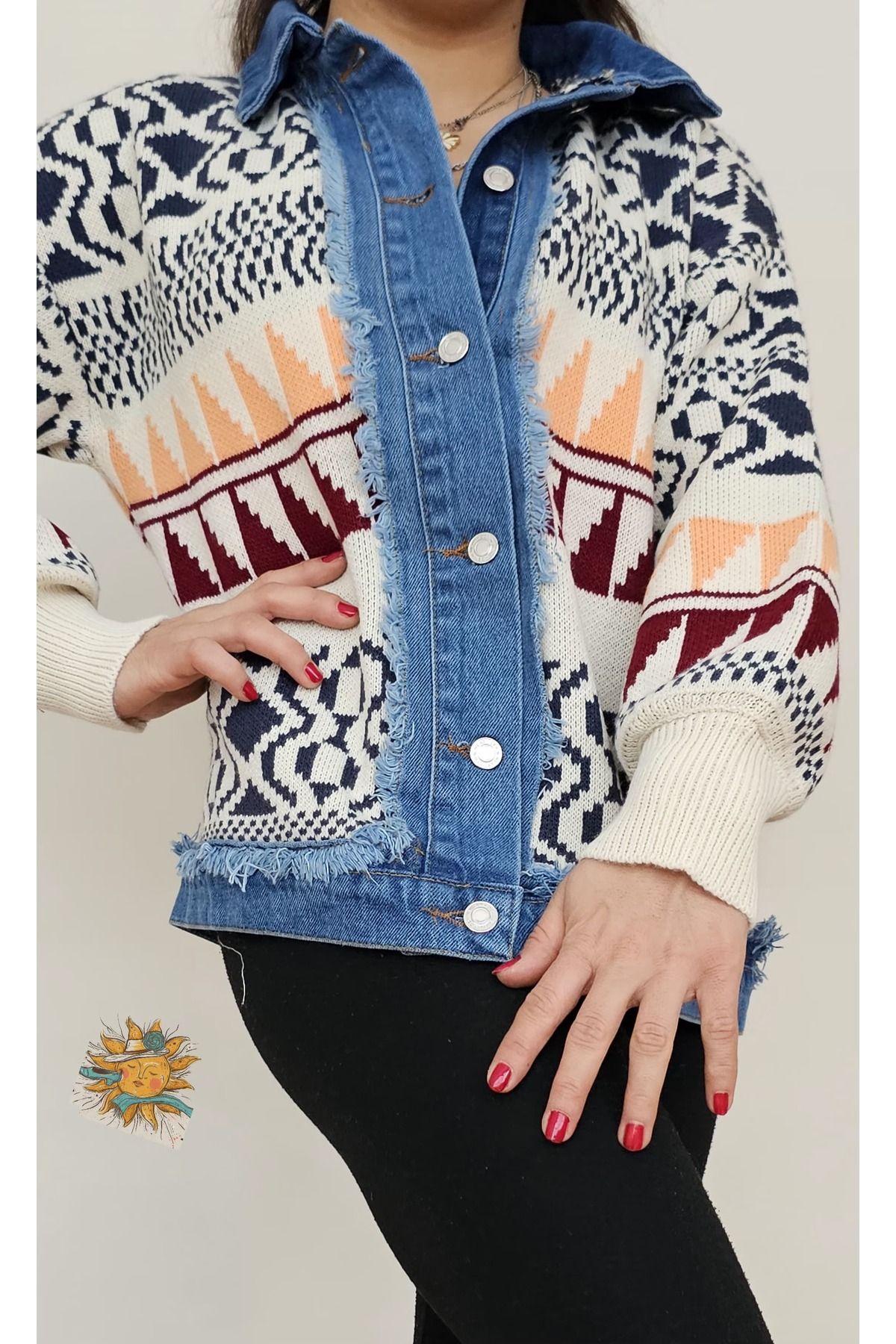 Mix Color Denim Detay Etnik Desen Triko Ceket Mix Color Denim Detay Etnik Desen Triko Ceket