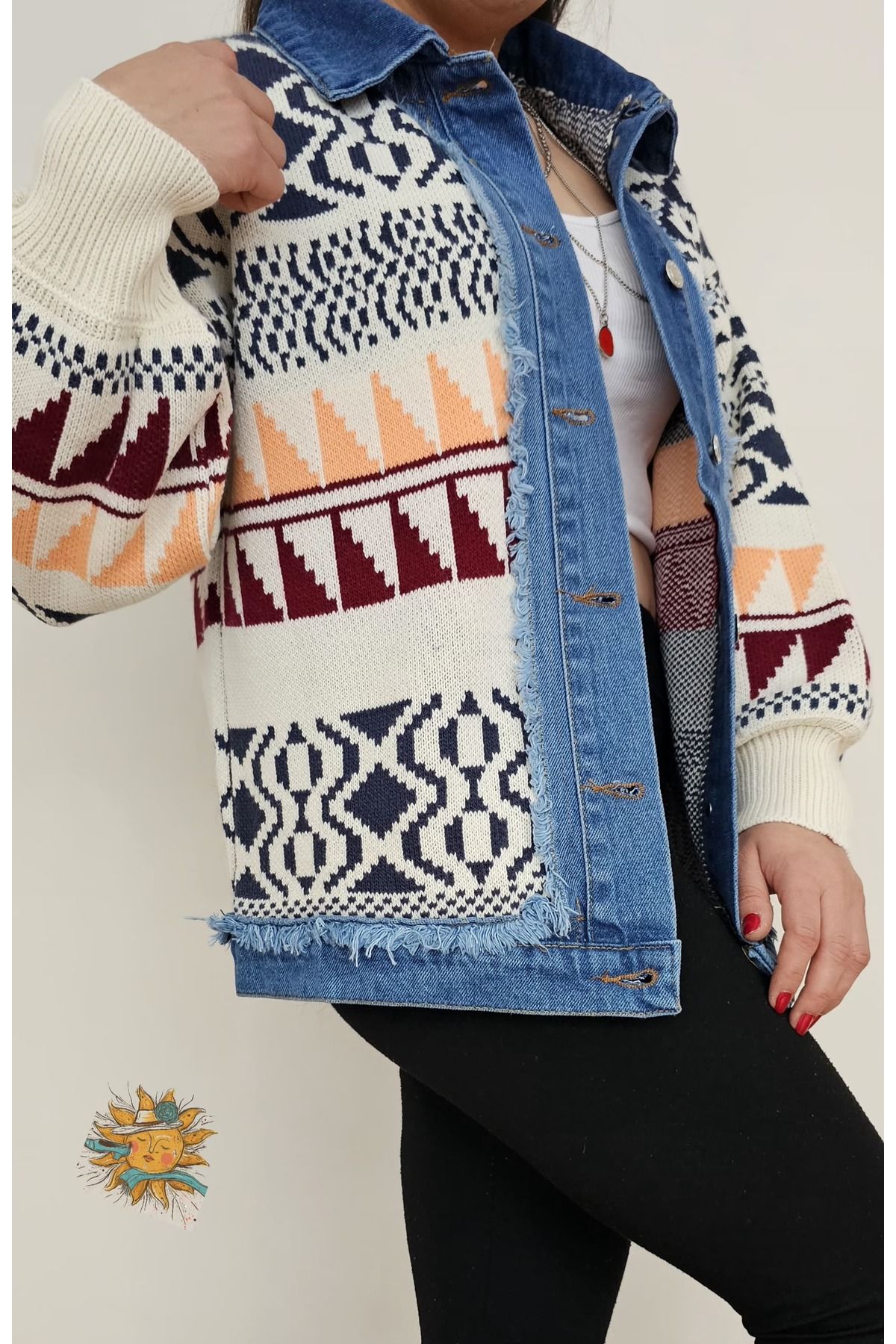 Mix Color Denim Detay Etnik Desen Triko Ceket Mix Color Denim Detay Etnik Desen Triko Ceket