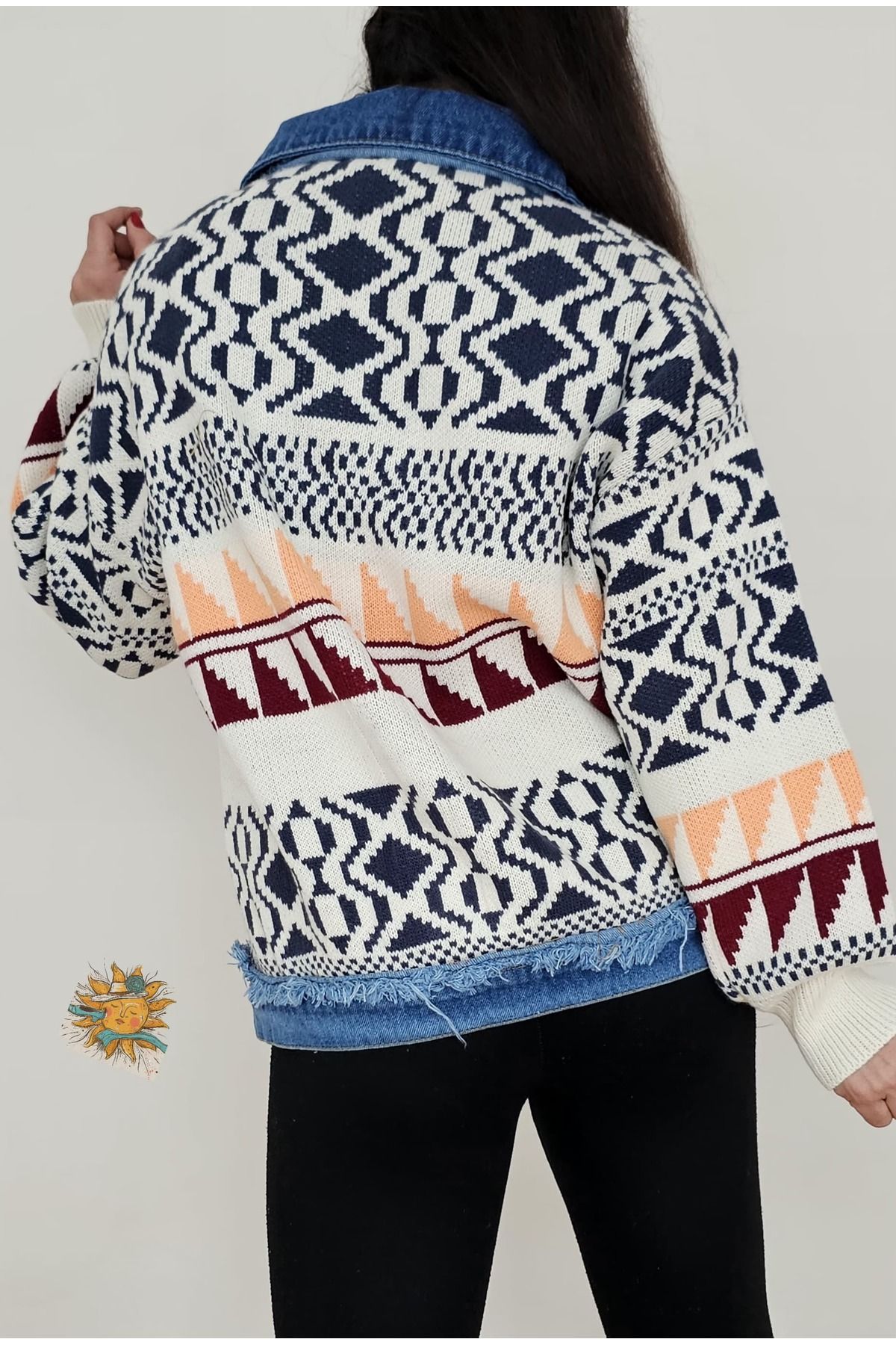 Mix Color Denim Detay Etnik Desen Triko Ceket Mix Color Denim Detay Etnik Desen Triko Ceket