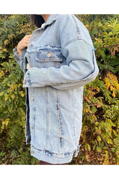 Kadın Uzun Oversize Açık Mavi Kot Ceket Kadın Uzun Oversize Açık Mavi Kot Ceket