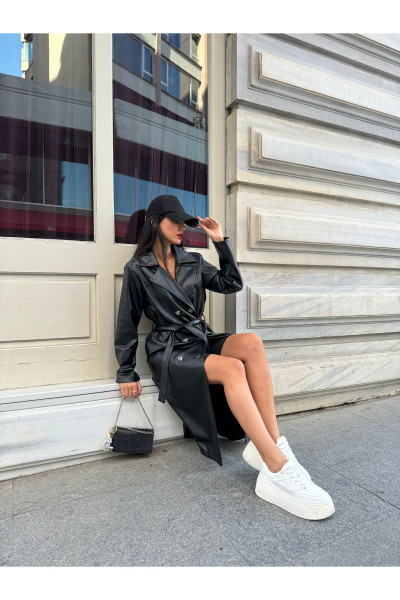 Siyah Kruvaze Kapama Deri Trençkot 26069 Siyah Kruvaze Kapama Deri Trençkot 26069