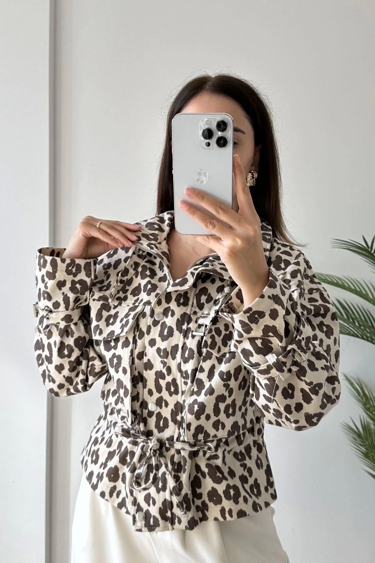 RBN038 99481 Kol Kemer Detay Leopar Ceket LEOPAR