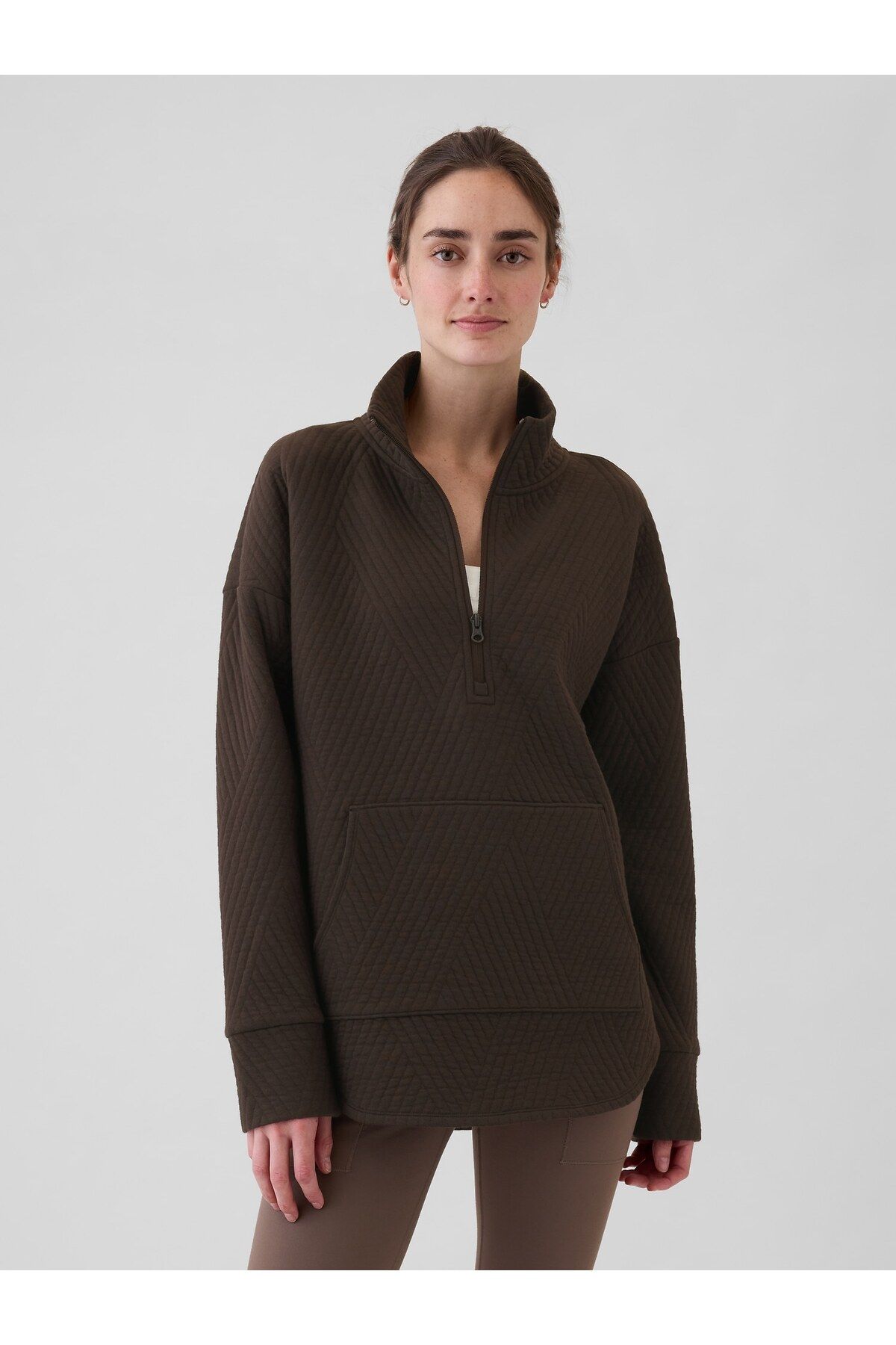 Kadın Kahverengi GapFit Kapitone Jacquard Fermuarlı Pullover Ceket